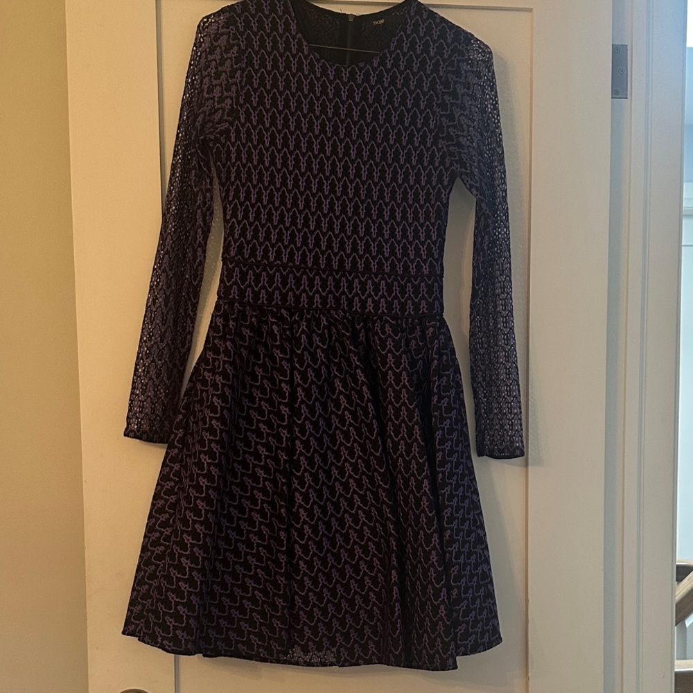 Maje Skater Black and Purple Long Sleeve Dress